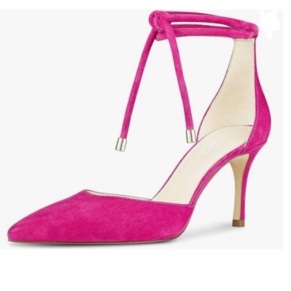 YDN Rose Pink Pointy Toe High Heel Sandals Faux Suede Lace up D'Orsay Dress Shoe
